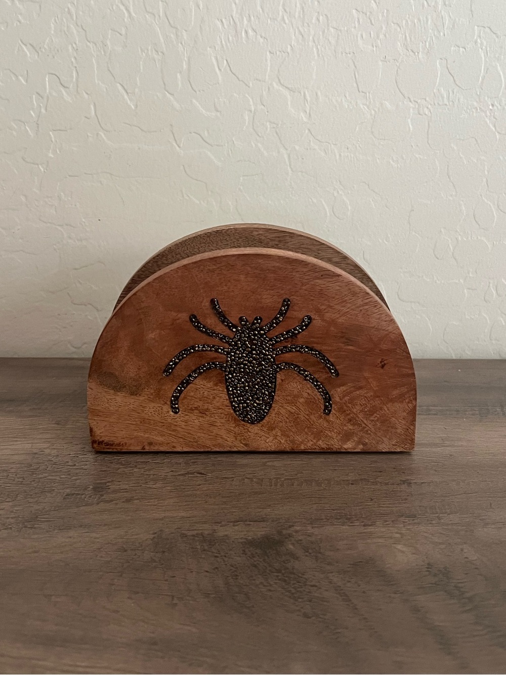 Wooden Napkin Holder with Beaded Spider Accent Halloween Table Decor